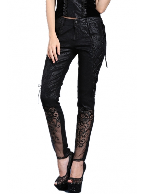 Side Lace-Up Plum Pattern Embroidered Black Punk Leather Pants