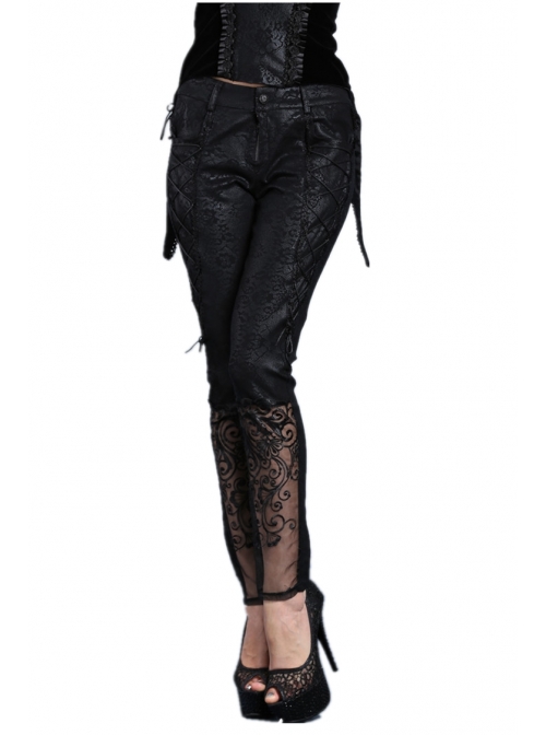 Side Lace-Up Plum Pattern Embroidered Black Punk Leather Pants