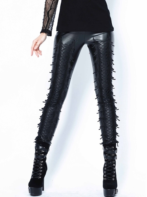 Weave Grid Flower Black Punk Leather Legging Pants