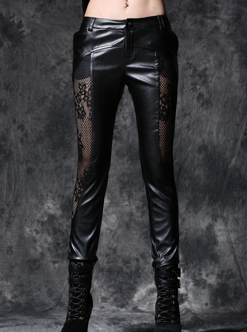 Black Gothic Splice Embroidery Lace Mesh Leather Legging Pants
