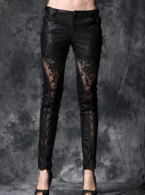 Embossed Lace Embroidery Lace-Up Black Gothic Leather Legging Pants