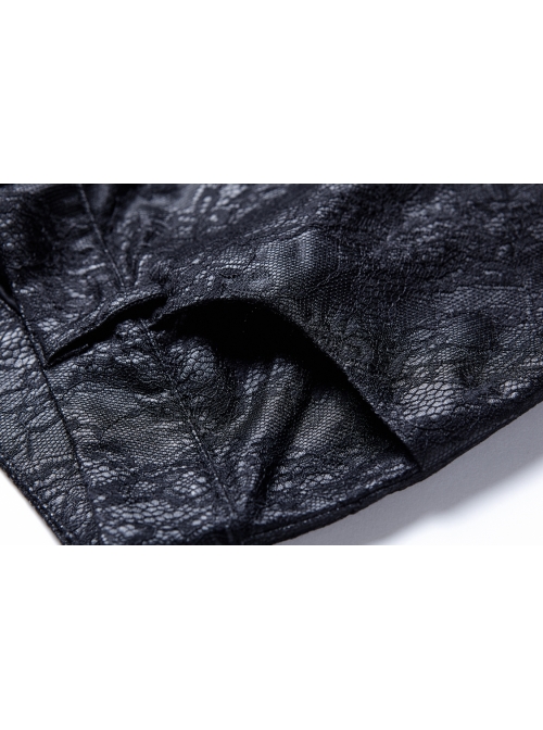 Embossed Lace Embroidery Lace-Up Black Gothic Leather Legging Pants