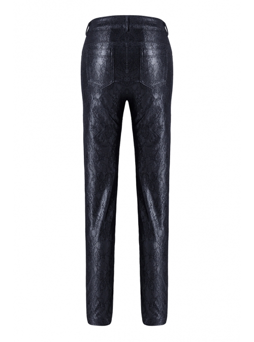 Embossed Lace Embroidery Lace-Up Black Gothic Leather Legging Pants