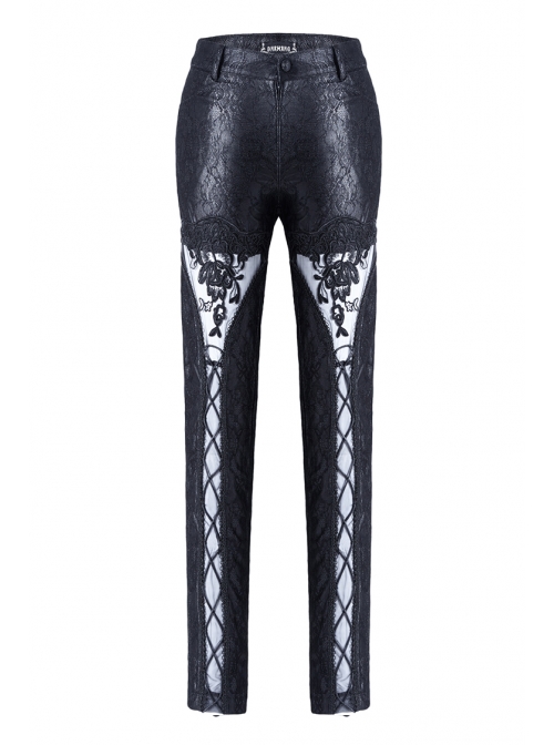 Embossed Lace Embroidery Lace-Up Black Gothic Leather Legging Pants