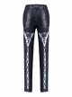 Embossed Lace Embroidery Lace-Up Black Gothic Leather Legging Pants