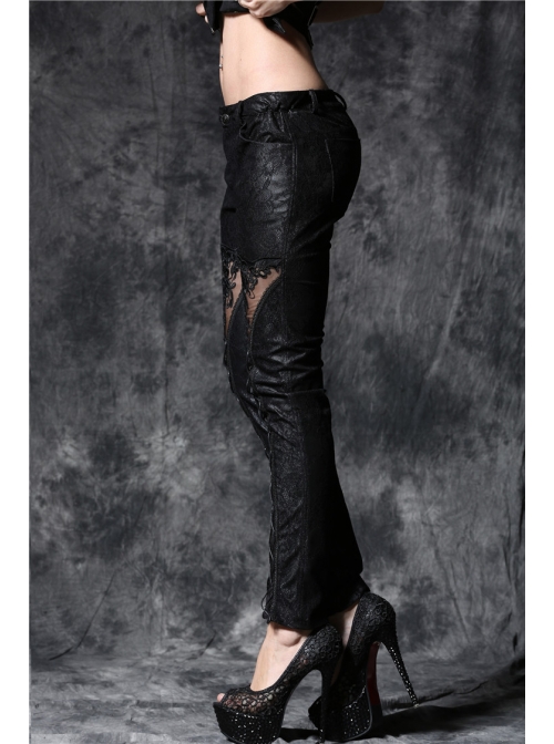 Embossed Lace Embroidery Lace-Up Black Gothic Leather Legging Pants
