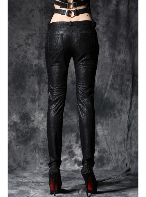 Embossed Lace Embroidery Lace-Up Black Gothic Leather Legging Pants