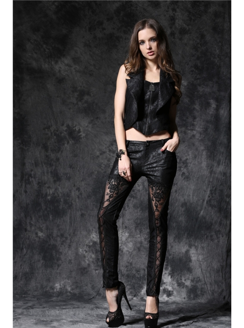 Embossed Lace Embroidery Lace-Up Black Gothic Leather Legging Pants