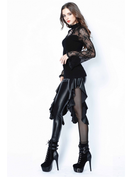 Black Punk Side Splice Mesh Pleated Legging Pants