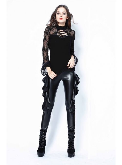Black Punk Side Splice Mesh Pleated Legging Pants