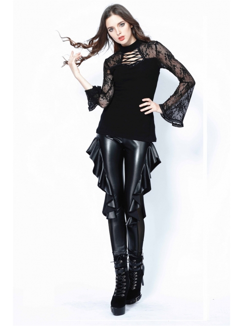 Black Punk Side Splice Mesh Pleated Legging Pants