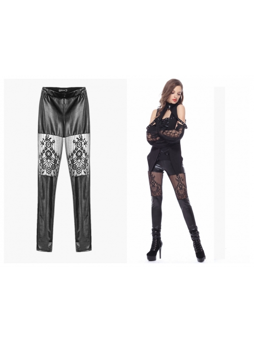 Black Gothic Thigh Splice Lace Embroidery Mesh Leather Legging Pants