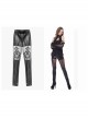 Black Gothic Thigh Splice Lace Embroidery Mesh Leather Legging Pants