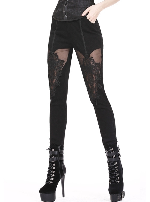 Black Gothic Thigh Splice Hollow-Out Lace Embroidery Legging Pants