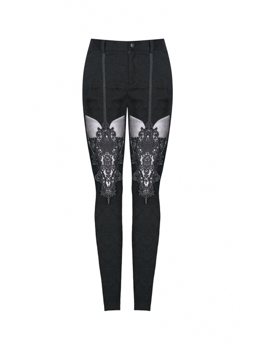 Black Gothic Thigh Splice Hollow-Out Lace Embroidery Legging Pants
