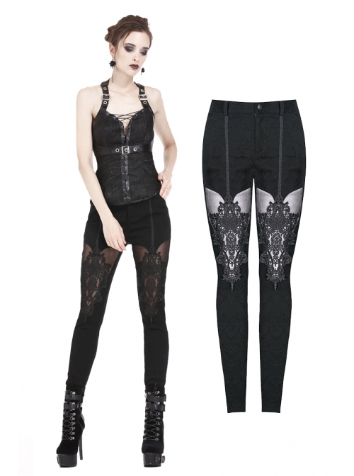 Black Gothic Thigh Splice Hollow-Out Lace Embroidery Legging Pants