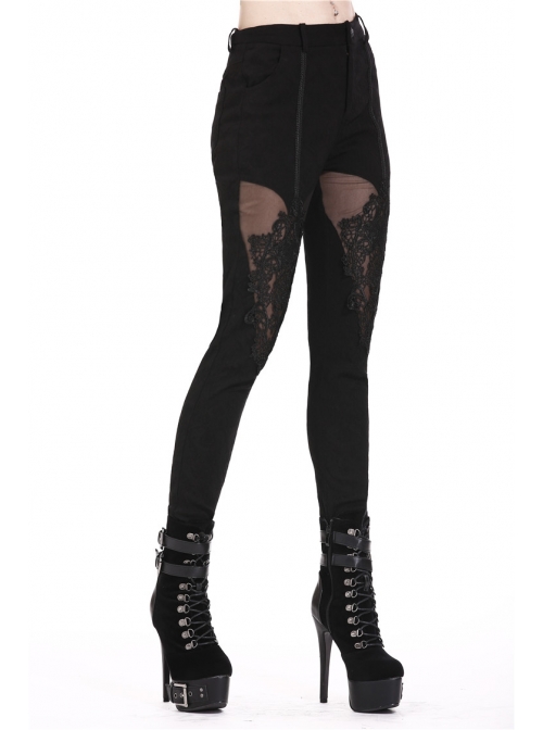 Black Gothic Thigh Splice Hollow-Out Lace Embroidery Legging Pants