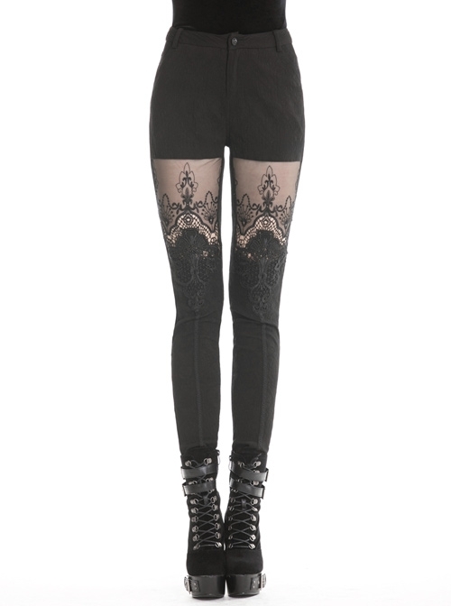 Black Gothic Thigh Splice Embroidery Mesh Legging