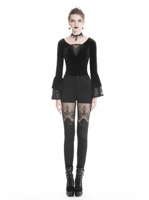 Black Gothic Thigh Splice Embroidery Mesh Legging