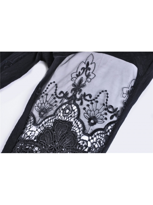Black Gothic Thigh Splice Embroidery Mesh Legging