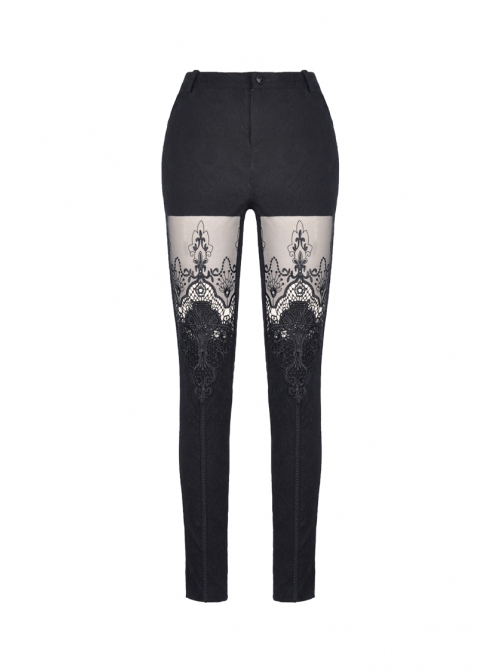 Black Gothic Thigh Splice Embroidery Mesh Legging