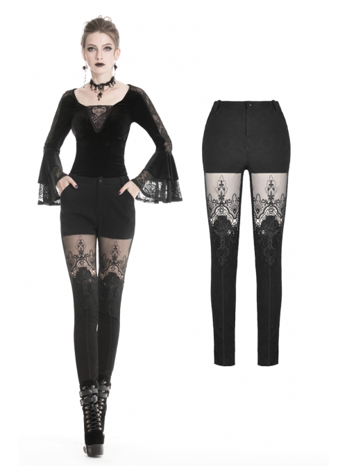 Black Gothic Thigh Splice Embroidery Mesh Legging