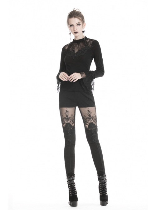 Black Gothic Thigh Splice Embroidery Mesh Legging