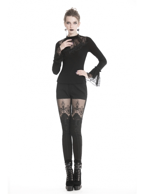 Black Gothic Thigh Splice Embroidery Mesh Legging