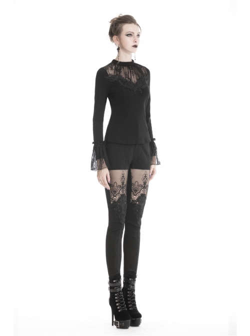 Black Gothic Thigh Splice Embroidery Mesh Legging