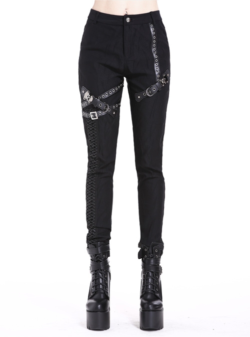 Metal Eyelets Leg Loop Side Lace-Up Black Punk Leather Stripe Trousers
