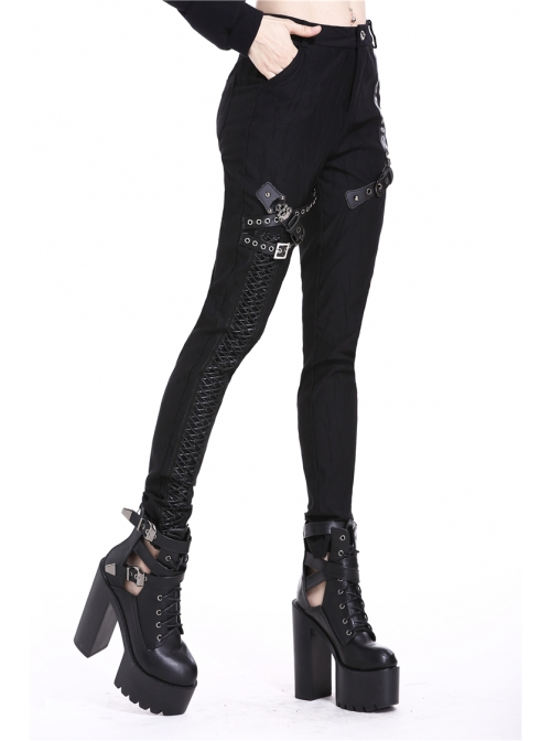 Metal Eyelets Leg Loop Side Lace-Up Black Punk Leather Stripe Trousers