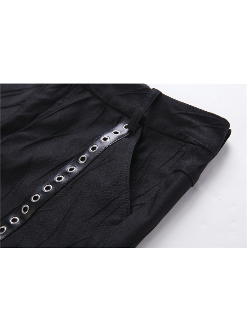Metal Eyelets Leg Loop Side Lace-Up Black Punk Leather Stripe Trousers