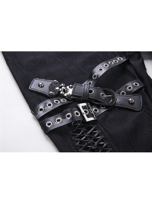 Metal Eyelets Leg Loop Side Lace-Up Black Punk Leather Stripe Trousers