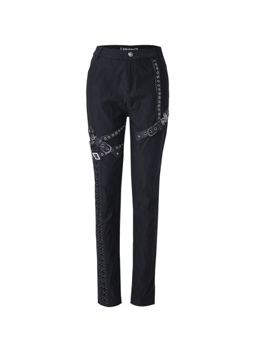 Metal Eyelets Leg Loop Side Lace-Up Black Punk Leather Stripe Trousers