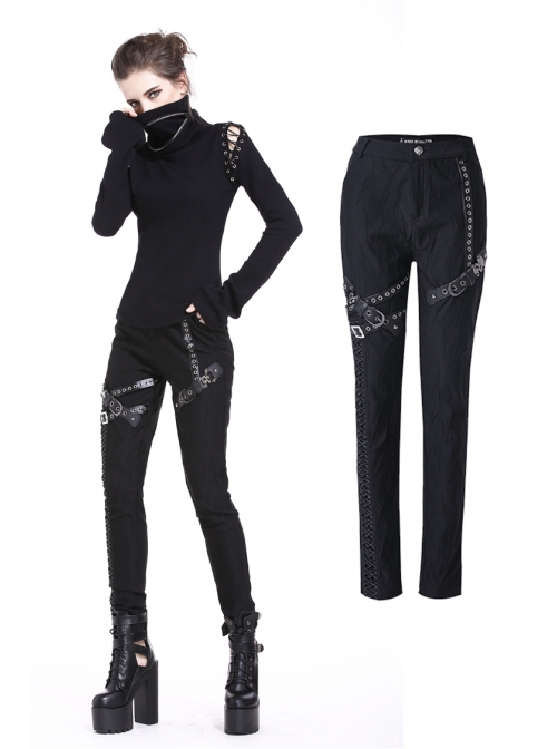 Metal Eyelets Leg Loop Side Lace-Up Black Punk Leather Stripe Trousers