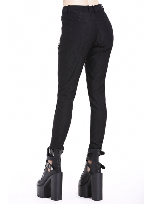 Metal Eyelets Leg Loop Side Lace-Up Black Punk Leather Stripe Trousers