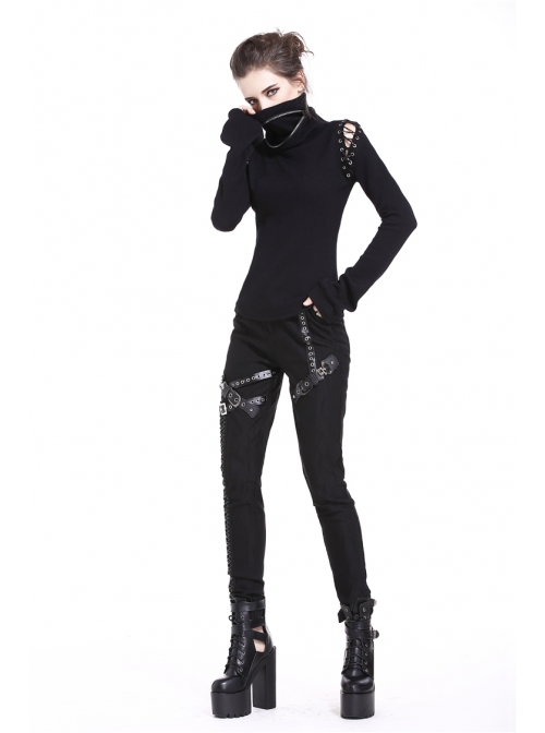 Metal Eyelets Leg Loop Side Lace-Up Black Punk Leather Stripe Trousers
