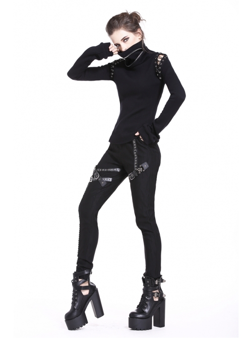 Metal Eyelets Leg Loop Side Lace-Up Black Punk Leather Stripe Trousers