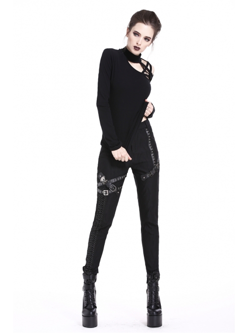 Metal Eyelets Leg Loop Side Lace-Up Black Punk Leather Stripe Trousers