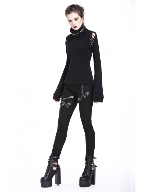Metal Eyelets Leg Loop Side Lace-Up Black Punk Leather Stripe Trousers
