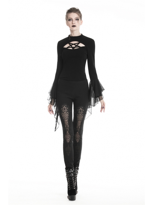 Black Gothic Front Splice Embroidery Mesh Back Lace-Up Legging