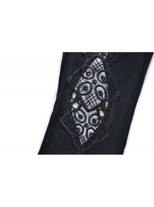 Black Gothic Front Splice Embroidery Mesh Back Lace-Up Legging