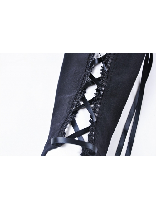 Black Gothic Front Splice Embroidery Mesh Back Lace-Up Legging