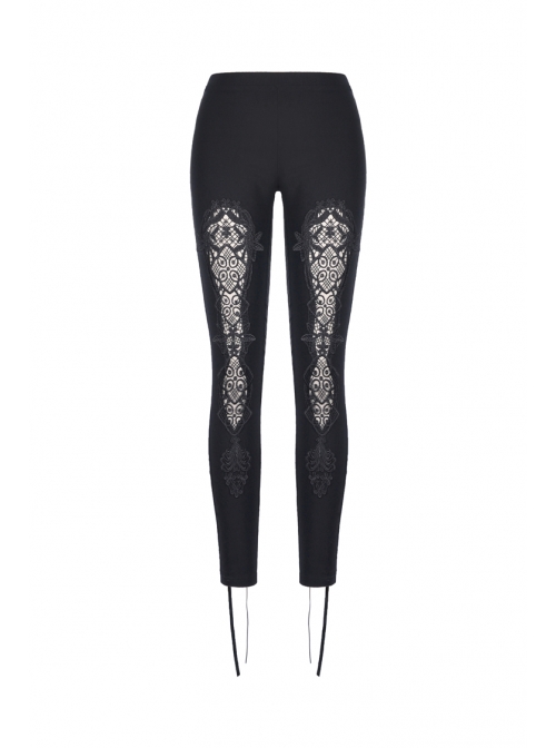 Black Gothic Front Splice Embroidery Mesh Back Lace-Up Legging