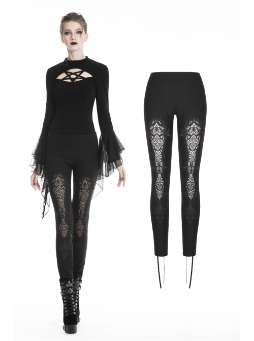 Black Gothic Front Splice Embroidery Mesh Back Lace-Up Legging