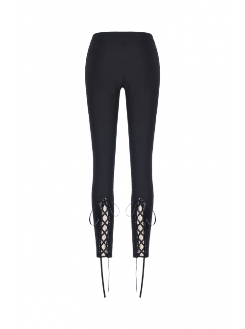 Black Gothic Front Splice Embroidery Mesh Back Lace-Up Legging