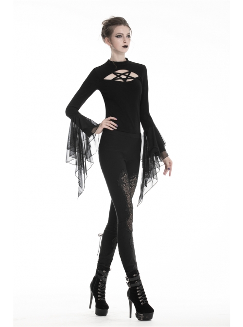 Black Gothic Front Splice Embroidery Mesh Back Lace-Up Legging