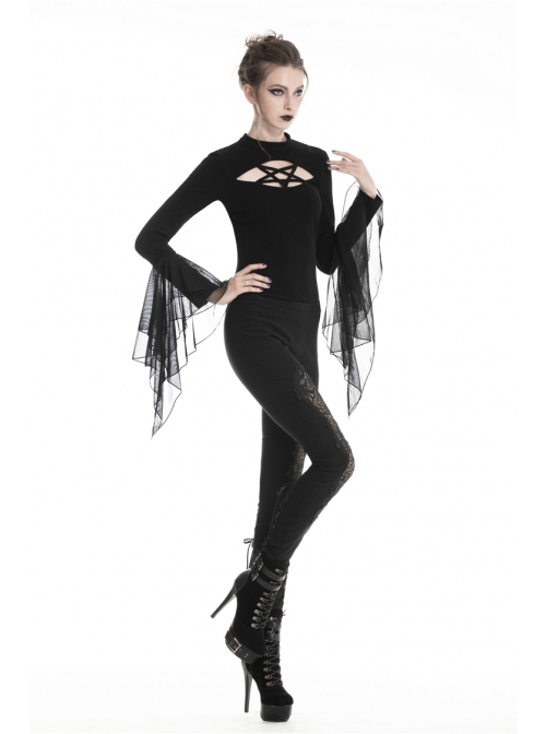 Black Gothic Front Splice Embroidery Mesh Back Lace-Up Legging
