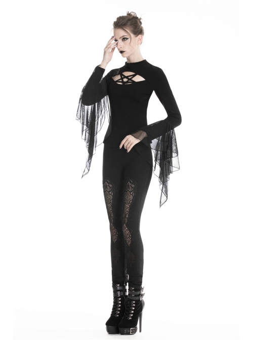 Black Gothic Front Splice Embroidery Mesh Back Lace-Up Legging
