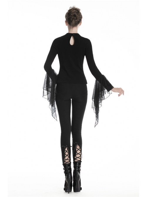 Black Gothic Front Splice Embroidery Mesh Back Lace-Up Legging